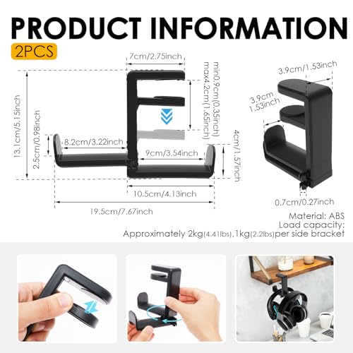 2 Pack Dual Headphone Hanger for Desk | Under Desk Hook, 360° Rotating, Clamp Mount, No Drill, Cable Clip