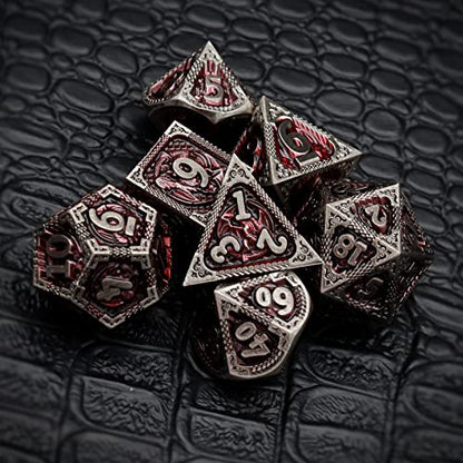 Haxtec DND Dice Set Metal D&D Dice Set with Leather Dice Bag Antique Iron Red Metal Polyhedral Dice Compatible with Dungeons and Dragons TTRPG Gifts - color: Grey Red