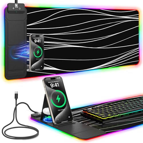 Mouse Pad with Foldable Phone Holder & Wireless Charger, XL RGB Gaming Mousepad 31.5"x11.8" Large Desk Mat for Keyboard, Home Desk Pad with Dual Qi Charging Station | 11 Colors & 5 Modes | Waterproof - color: 31.5x11.81"Phone Stand-Wave