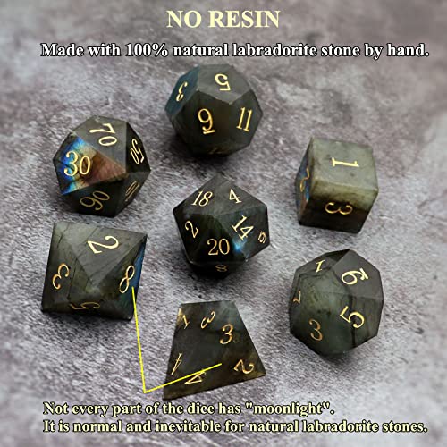 Haxtec Moonstone Dice Labradorite Gemstone Polyhedral DND Dice Set with Premium Dice Case Compatible with Dungeons and Dragons Role Playing Board Games D&D Gift - color: Black Blue Green