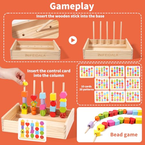 INIFEIDALA Montessori Toys for 3 4 5 Year Old,Gifts for Toddlers | Stacking Blocks, Lacing Beads & Shape Stacker, Wooden Beads Sequencing Toy Set, Fine Motor Skills & STEM Preschool Learning - style: Lacing Beads
