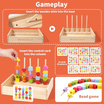 INIFEIDALA Montessori Toys for 3 4 5 Year Old,Gifts for Toddlers | Stacking Blocks, Lacing Beads & Shape Stacker, Wooden Beads Sequencing Toy Set, Fine Motor Skills & STEM Preschool Learning - style: Lacing Beads