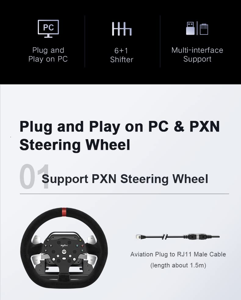 PXN A7 Gear Shifter - PC USB Simulator Shifter with Handbrake Button and Shift Button for High & Low Gear Universal 6+1 Shifter Includes DIN-USB, DIN-RJ11, DIN-DIN cables Shifter Compatible V10 V12 Lite Racing Wheels for PC