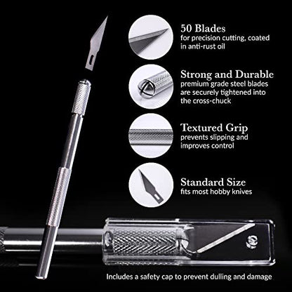 WA Portman Hobby Knife Set, 2pc Precision Craft Knife Set with 50 Blades | Craft Knife Set with 50pc SK5#11 Steel Exacto Knife Blade, Craft Art Sticker Cutter for Modeling, Fondant, Leather, Clay Tool - size: 2 Knives 50 Blades