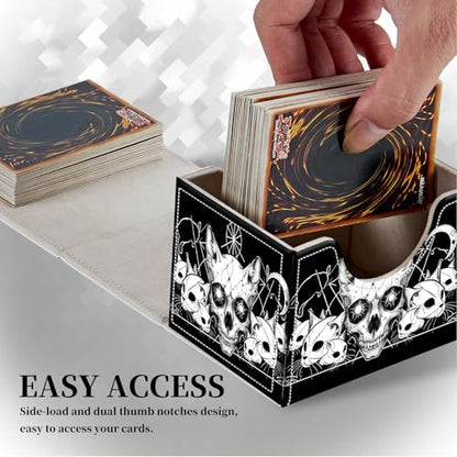 Card Deck Box for MTG,Commander,YuGiOh,Portable 100+ Card Storage Box,Magnetic Closure Durable Leather Trading Card Protector Case for TCG CCG Players & Collectors- Vector Cat Skulls
