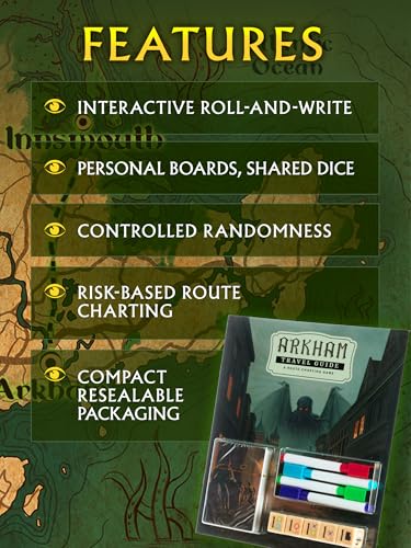 CrowD Games | Arkham Travel Guide | 1-4 Players | Ages 14 and up | Roll and Write | Tourism Game | Cozy Route Charting Puzzle | Creepy Lovecraft | Average Playtime 30 min