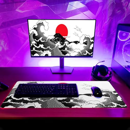 Japanese Red and Black Wave Gaming Mouse Pad Extended Large Mouse Mat Desk Pad Sea Texture Non-Slip Rubber Base Wave Mousepad Stitched Edges Keyboard Desk Pad for Office Home Game 31.5x11.8 Inch - color: Japanese Red and Black Wave