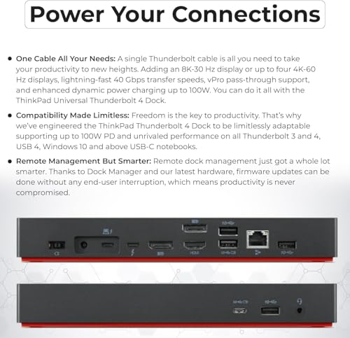 Lenovo 40B00135US Docking Station Thunderbolt 4 Dock - Universal Laptop Docking Stations with 135W Power Adapter + HDMI Cable + DisplayPort Cable + Thunderbolt Cable + Microfiber Cloth (Renewed
