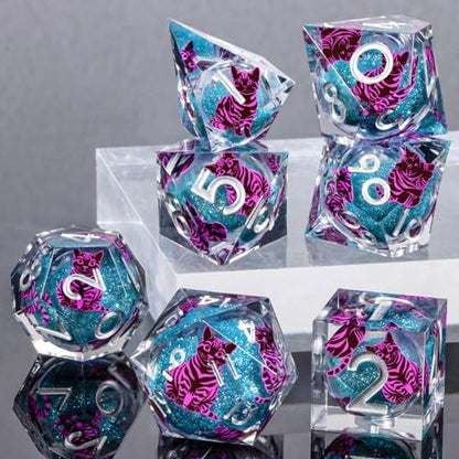 KERWELLSI Cat Liquid Core DND Dice Set with Gift Box, 7Pcs Resin Dungeons Sharp Edge D&D Dice, Dragons D and D Role Playing Dice D20 D12 D10 D8 D6 D4, Blue and Purple Cat - color: Blue Purple Cat