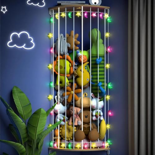 2026 Corner Stuffed Animals Storage with Light Adjustable Wood Stuffed Animal Holder with Star Pattern Wall Plush Toy Storage for Boys&Girls Bedroom Decor (80 inch) - color: B:shelf + light