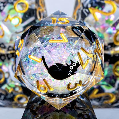 Roycevon Resin DND Dice Set with Gift Box, 7Pcs Liquid Core Cat D&D Dice, Cute Dungeons Dragons D and D Dice, Sharp Edge Role Playing Game Dice D20 D12 D10 D8 D6 D4, Rainbow Gold - color: Rainbow White - 2