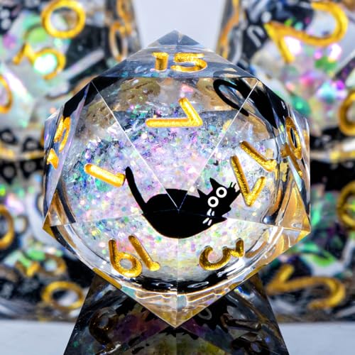 Roycevon Resin DND Dice Set with Gift Box, 7Pcs Liquid Core Cat D&D Dice, Cute Dungeons Dragons D and D Dice, Sharp Edge Role Playing Game Dice D20 D12 D10 D8 D6 D4, Rainbow Gold - color: Rainbow White - 2
