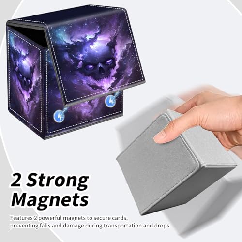 BVDIKMI Card Deck Box for MTG, Card Storage Box Fits 100+ Single Sleeved Cards, PU Leather Strong Magnet Card Deck Case Holder for Magic Commander TCG CCG, Galaxy Skull - color: Galaxy Skull