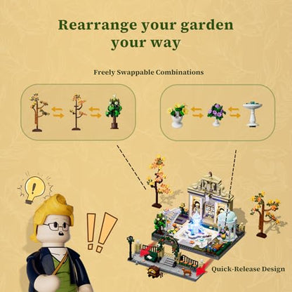 Lumibricks Pocket-Garden Lighting Buildin Set, 1649 Pcs Landscape Set | French Parisian Style Corner Garden, Modular Park Model for Adults, Decorative Construction with Fountain and Seasonal Plants