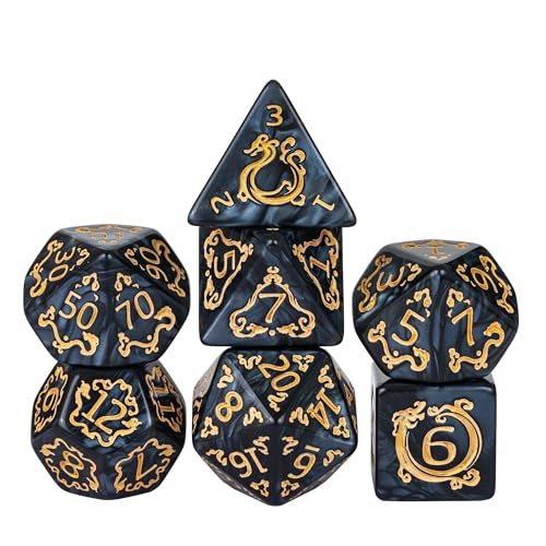 7-Die DND Dice Set Dragon Pattern Polyhedral Die with Leather Bag D&D Dice Set for RPG Table Games (Black W/Gold Dragon Pattern) - color: Black W/Gold Dragon Pattern