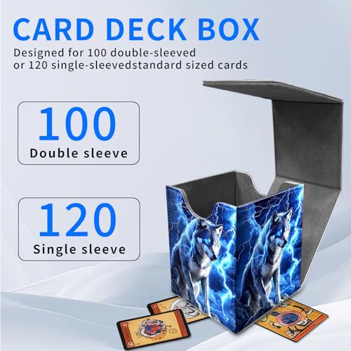 for MTG Deck Box, Commander Deck Case Fits 100 Double Sleeved Cards, PU Leather Storage Box, Compatible with Magic/TCG/PTCG/EDH/Sport Cards,Blue Wolf Lightning - color: Blue Wolf Lightning