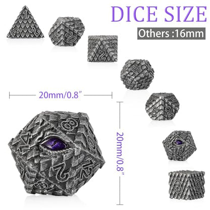 Metal Dice Set D&D,7 PCS Dragon Scale Metallic DND Dice Set,Dragon Eye Metal Dice with Grogeous Gift Case for Dungeons and Dragon Tabletop Game (Old Grey Dragon Scale & Purple Eye) - color: Old Grey Dragon Scale & Purple Eye