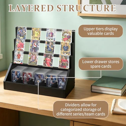 Trading Card Display Stand with Card Stoppers - 3 Tier 5 Row Wooden Step Shelf, Large Capacity Tabletop Display Storage Case for Graded Cards & Collectible Cards