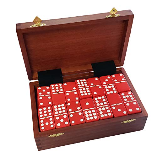 Marion Double 9 Domino Set (55 Tiles) Jumbo Tournament Professional Size with Spinners in Dovetailed Sheesham Wood Box (Red) - color: Red