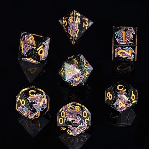 Dragon Pattern Double Layered Starry Sky Black Resin DND Dice Set, d4 d6 d8 10 d12 d20 7Pcs Sharp Edge D&D Dice for RPG MTG D and D Role Playing Desktop Games - color: Dragon Black