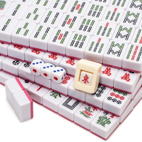 Yellow Mountain Imports Chinese Mahjong Set - “Rouge Harmony” - with 146 Medium Tiles, Red Vinyl Case, Wind Indicator and Dice - for Chinese Style Gameplay Only [胭红绽放 中式麻将] - color: Rose Red