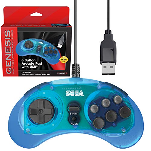 Retro-Bit Official Sega Genesis USB Controller 8-Button Arcade Pad for Sega Genesis Mini, Switch, PC, Mac, Steam, RetroPie, Raspberry Pi - USB Port - (Clear Blue) - color: Clear Blue