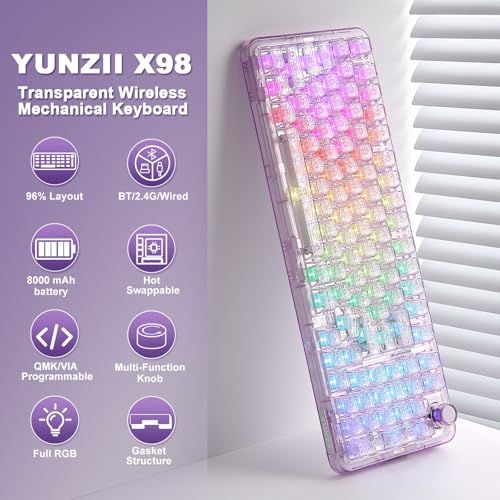 YUNZII X98 Wireless Mechanical Keyboard with Knob (Purple, Crystal Switch) | BT5.0/USB-C/2.4GHz,1800 Layout with Number Pad,Pre-lubed Switches Gasket Mount ,Clear Keyboard with RGB for Wins/Mac/Gaming - color: Purple, size: Crystal Switch