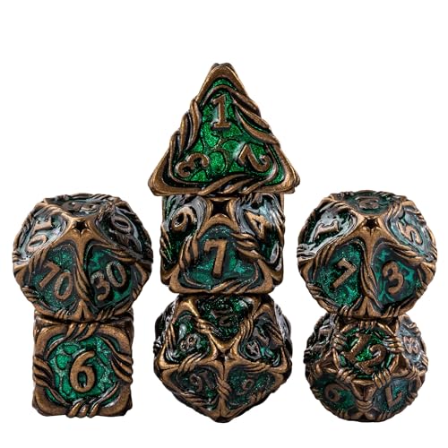 7-Die Metal DND Dice Set Role Playing Dice for RPG Table Games | Vine Design PU Leather Pouch for Dungeons and Dragons - color: Vine-bronze Green