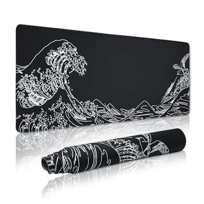 Large Gaming Mouse Pad for Desk,Kanagawa XXL Mouse Pad 35.4x15.7 Inch,Waterproof Desk Pad,Non-Slip Rubber Base Mice Pad,Keyboard Pad Computer Mat,Black Mouse pad - color: Kanagawa(black)
