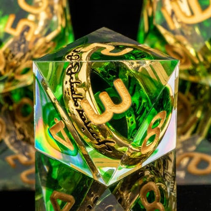 OUKELANWO Magic Lord Rings DND Dice Set with Box, 7Pcs Resin LOTR D&D Dice Set for Role Playing Game, Green Gold Dungeons Dragons D and D Sharp Edge Dice D20 D12 D10 D8 D6 D4 - color: Green