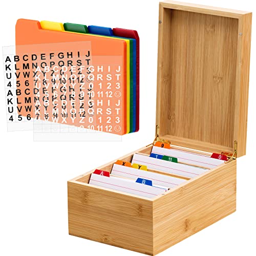 Henoyso 4 x 6 Inch Index Card Holder Set, Bamboo Organizer Box with 50 Dividers & 2 Sheets Alphabet Number Stickers File Note Holders, Holds 1200 Cards for Office Business Home Kitchen, Wooden Color - color: Wooden Color, size: 4 x 6 Inches