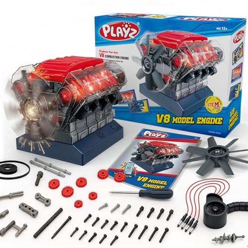 Playz Large V8 Engine Model Kit Build Your Own Mini V8 Engine kit that Runs | for Adults and Kids 8+,Working V8 Engine Building Blocks set DIY STEM kit, Visbile Real Mini Engine Build Kit that Works - style: V8 Engine
