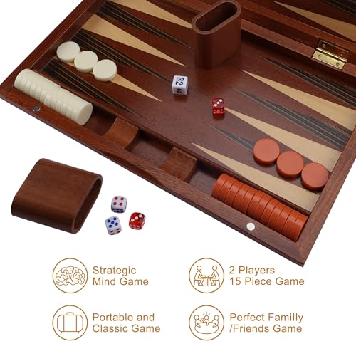 Wooden Backgammon Set, 15 inch Folding Backgammon Board Game with 32 Pieces | Portable Travel Strategy Game for Adults & Kids | Complete Backgammon Set in Wood Case for Family Game Nights & Gifts - color: 15 Inch Large Backgammon