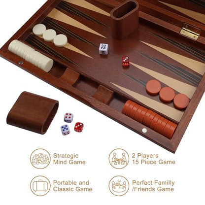 Wooden Backgammon Set, 15 inch Folding Backgammon Board Game with 32 Pieces | Portable Travel Strategy Game for Adults & Kids | Complete Backgammon Set in Wood Case for Family Game Nights & Gifts - color: 15 Inch Large Backgammon