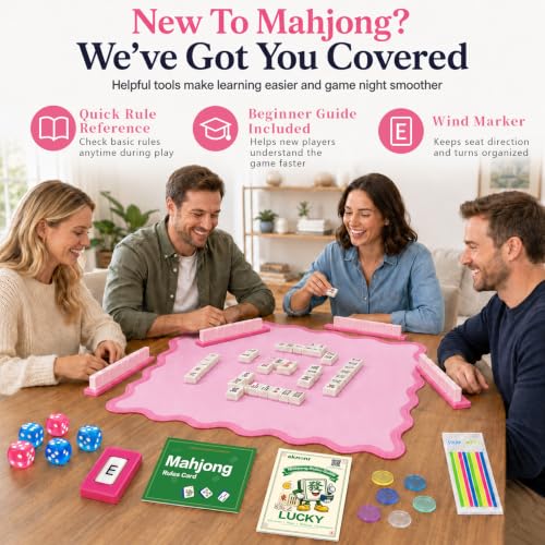 Complete Mahjong Mat Set, 32.4"x32.4" Pink Scalloped Edge Table Cover, Non-Slip & Noise Reduction Gaming Mat with Carrying Bag, Rules, Chips, Wind Marker for Poker & Board Games - color: Pink-set