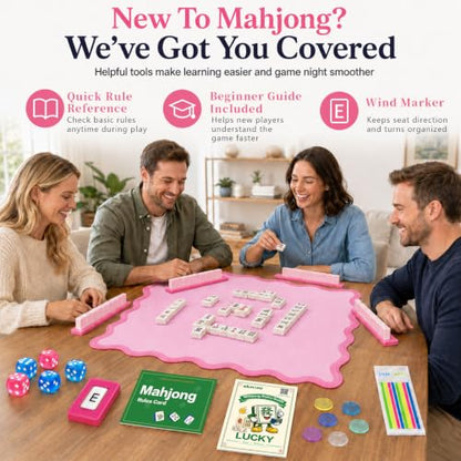 Complete Mahjong Mat Set, 32.4"x32.4" Pink Scalloped Edge Table Cover, Non-Slip & Noise Reduction Gaming Mat with Carrying Bag, Rules, Chips, Wind Marker for Poker & Board Games - color: Pink-set