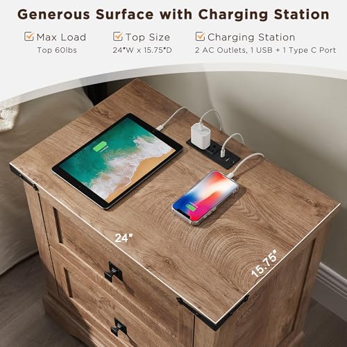 T4TREAM 24" Farmhouse Nightstand with Charging Station, Light Knotty Oak | End Table, 2 Large Storage Drawers, Rustic Wood Sofa Bedside Table, Bedroom, Living Room - color: Light Knotty Oak, size: 24"W*15.75"D*24"H