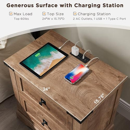 T4TREAM 24" Farmhouse Nightstand with Charging Station, Light Knotty Oak | End Table, 2 Large Storage Drawers, Rustic Wood Sofa Bedside Table, Bedroom, Living Room - color: Light Knotty Oak, size: 24"W*15.75"D*24"H