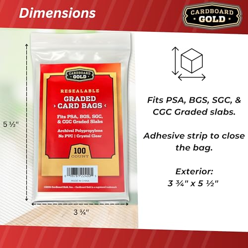 Cardboard Gold Graded Card Sleeves - Fits PSA SGC BGS CGC slabs - 1000 ct | Resealable Adhesive Flap, 2-Mil Polypropylene, Acid-Free, PVC-Free, Archival Safe, Fits Magnetic and Screw-Down Holders - size: 1000 Card Bags