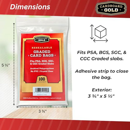 Cardboard Gold Graded Card Sleeves - Fits PSA SGC BGS CGC slabs - 1000 ct | Resealable Adhesive Flap, 2-Mil Polypropylene, Acid-Free, PVC-Free, Archival Safe, Fits Magnetic and Screw-Down Holders - size: 1000 Card Bags