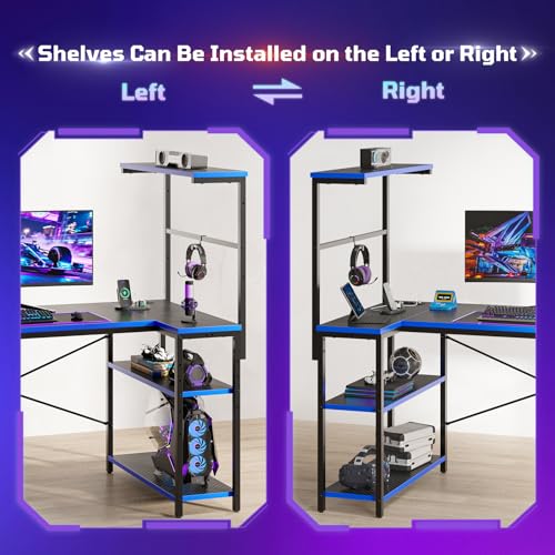 52" L-Shaped Gaming Desk with Power Outlets LED Lights, Black&Blue | Reversible Design, LED Lights, 4-Tier Storage Shelves, Headphone Hook, Foldable Cup Holder, Computer Desk, Home Office - color: Black&blue, size: 52 Inch