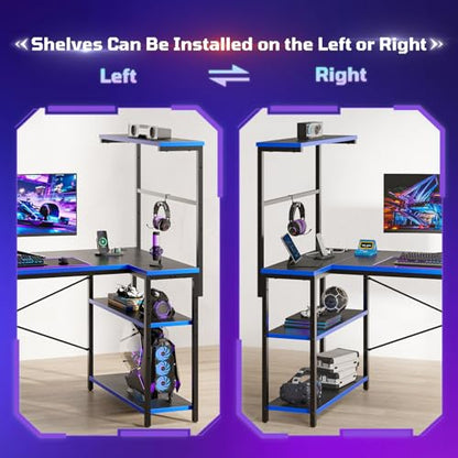 52" L-Shaped Gaming Desk with Power Outlets LED Lights, Black&Blue | Reversible Design, LED Lights, 4-Tier Storage Shelves, Headphone Hook, Foldable Cup Holder, Computer Desk, Home Office - color: Black&blue, size: 52 Inch