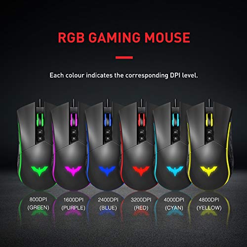 havit RGB Gaming Mouse Wired Programmable Ergonomic USB Mice 4800 Dots Per Inch 7 Buttons & 7 Color Backlit for Laptop PC Gamer Computer Desktop (Black)