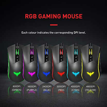 havit RGB Gaming Mouse Wired Programmable Ergonomic USB Mice 4800 Dots Per Inch 7 Buttons & 7 Color Backlit for Laptop PC Gamer Computer Desktop (Black)