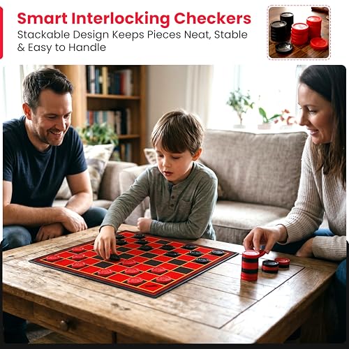 Kangaroo - Multiplayers Strategy Checker Board Game for Kids & Adults - Portable Educational Travel Cardboard Checkers - Includes Large Board w/ 24 Checkers (12 Red and 12- Black) 15x15 Inches