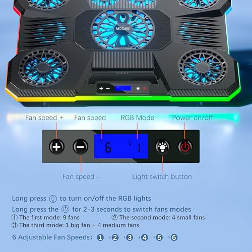 Laptop Cooling Pad, MOOJAY Laptop Cooler with 9 Quiet Fans for 14-19 Inch Notebook Computer, Gaming Laptop Fan Cooling Stand with 6 Adjustable Speeds and 10 RGB Light Modes, 2 USB Ports & Phone Holder