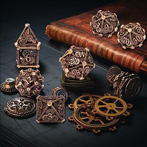 DND Metal Dice Set, UBEUCK 7PCS Gear Metal DND Dice Set for Dungeons & Dragons Board Games Boxes(Bronze Gear) - color: Bronze Gear