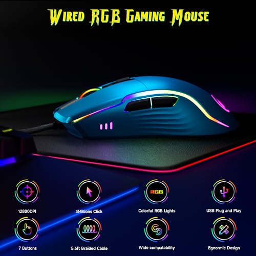 memzuoix Wired Gaming Mouse with RGB - 6 Adjustable DPI up to 12800, 6 Buttons, 12 Lighting Modes, Ergonomic Design with Anti-Slip Rubber Wheel, 5.6ft Braided Cable for PC/Mac/Windows - Blue - color: blue
