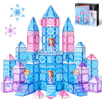 GobiDex 100PCS Magnetic Tiles Princess Castle Building Set with 4 Dolls | Princess Magnetic Blocks Building Toys for Kids Ages 4-8, Colorful Magnetic STEM Toys, 3 4 5 6 Year Old Girl Birthday Gifts