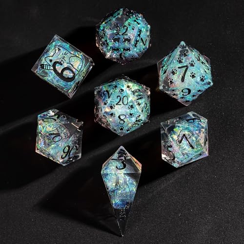 Cusdie 7-Die Sharp Edges DND Dice Set, Cat Pattern Polyhedral D&D Dice Set for DND TTRPG Role Playing Games - color: Cat Pattern-transparent Black